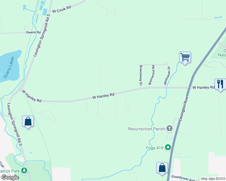 map of restaurants, bars, coffee shops, grocery stores, and more near 1675 Hanley Road West in Mansfield