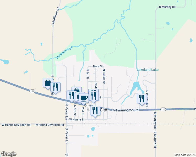 map of restaurants, bars, coffee shops, grocery stores, and more near 509 N Runkle St in Hanna City