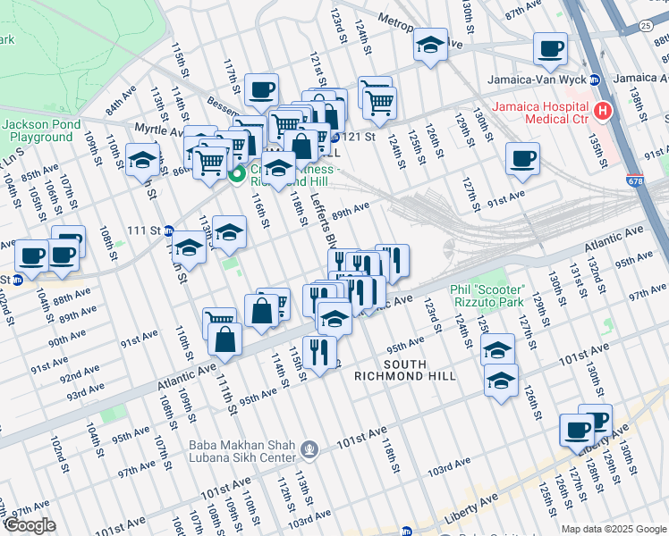 map of restaurants, bars, coffee shops, grocery stores, and more near 118-16 91st Avenue in Queens