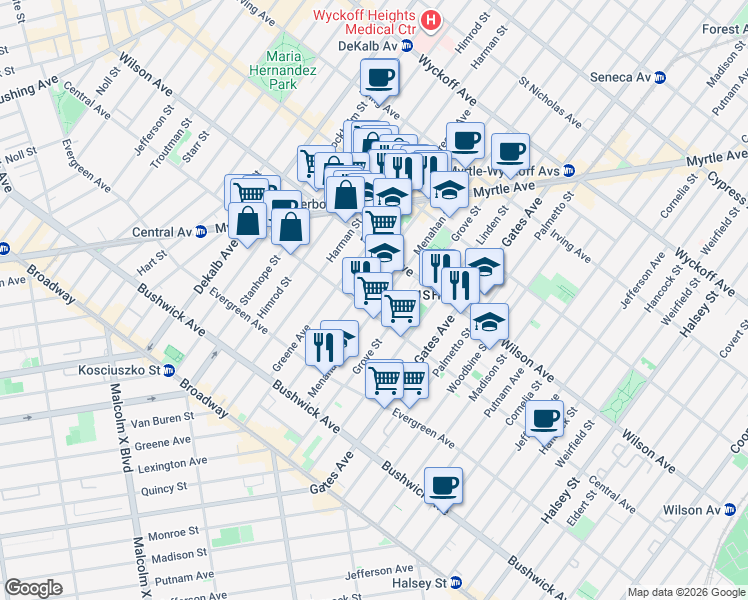 map of restaurants, bars, coffee shops, grocery stores, and more near 129 Menahan Street in Brooklyn