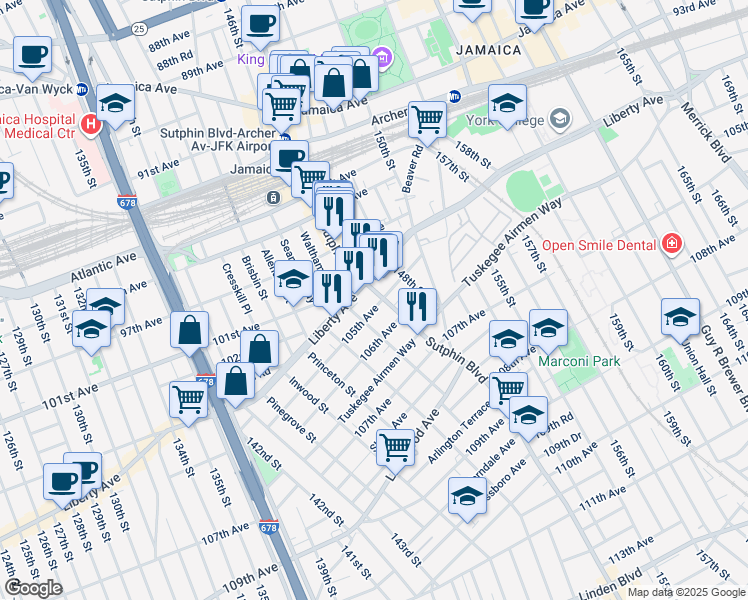 map of restaurants, bars, coffee shops, grocery stores, and more near 146-39 105th Avenue in Queens