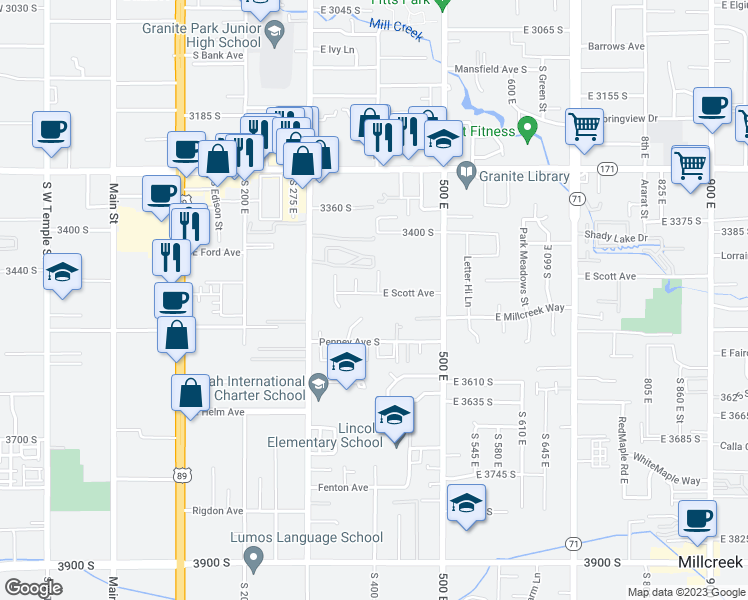 map of restaurants, bars, coffee shops, grocery stores, and more near 398 East Scott Avenue in Salt Lake City