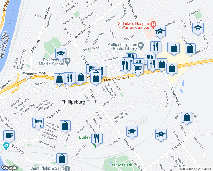 map of restaurants, bars, coffee shops, grocery stores, and more near 266-268 Prospect Avenue in Phillipsburg