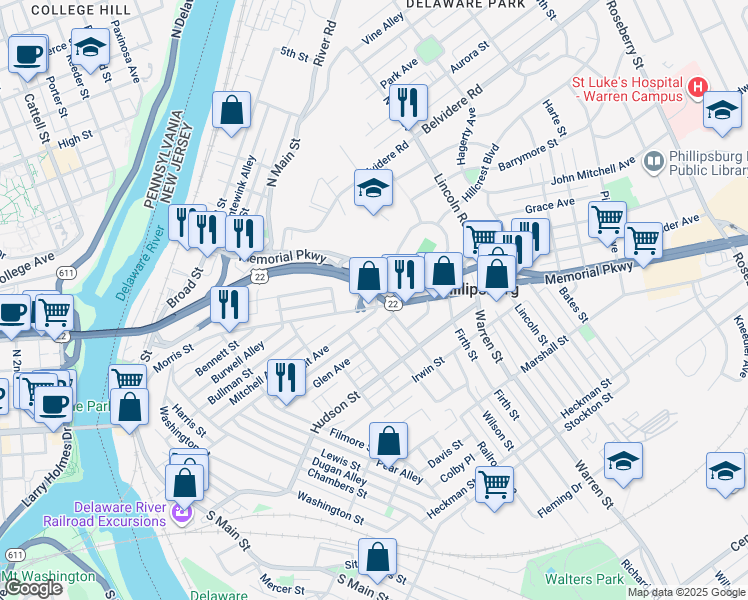map of restaurants, bars, coffee shops, grocery stores, and more near 210 Summit Avenue in Phillipsburg