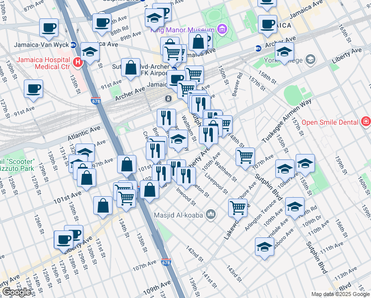 map of restaurants, bars, coffee shops, grocery stores, and more near 143-20 101st Avenue in Queens