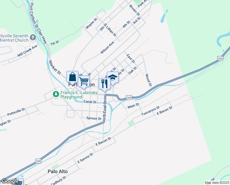 map of restaurants, bars, coffee shops, grocery stores, and more near 6 Pike Street in Port Carbon