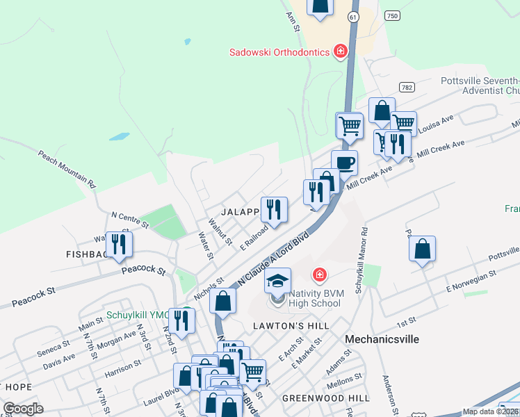 map of restaurants, bars, coffee shops, grocery stores, and more near 381 Front Street in Pottsville
