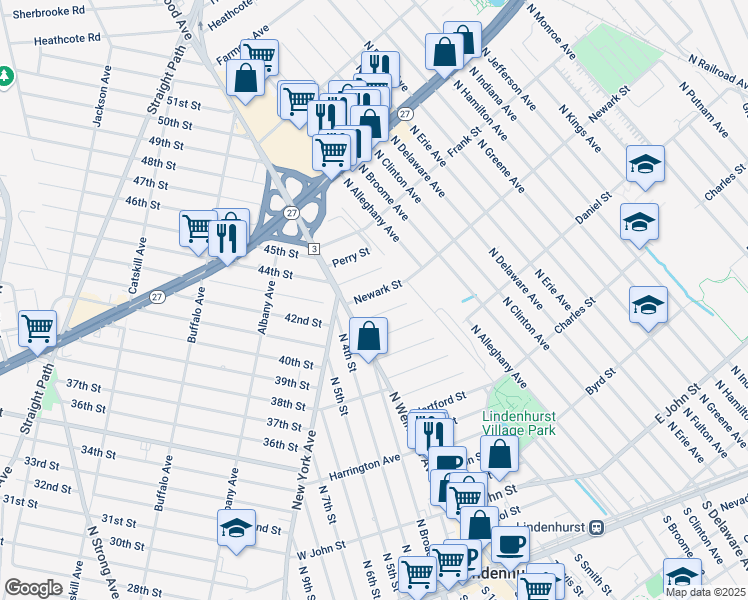 map of restaurants, bars, coffee shops, grocery stores, and more near 25 Newark Street in Lindenhurst