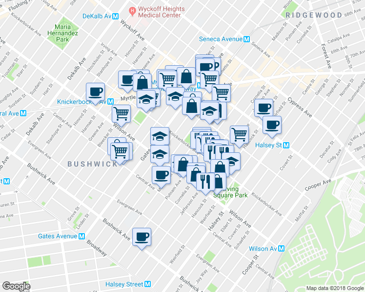 map of restaurants, bars, coffee shops, grocery stores, and more near 276 Woodbine Street in Brooklyn