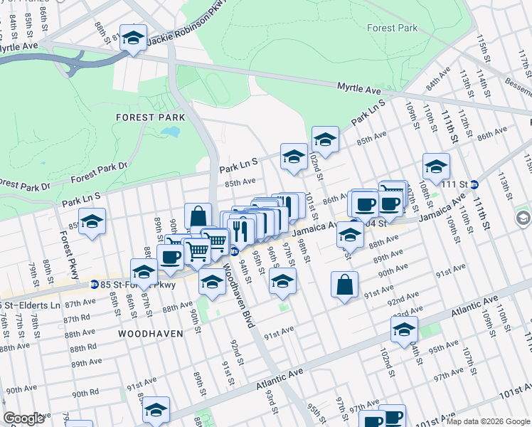 map of restaurants, bars, coffee shops, grocery stores, and more near 86-04 96th Street in Queens