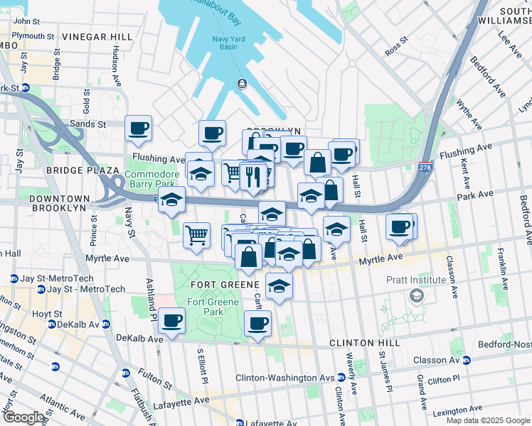 map of restaurants, bars, coffee shops, grocery stores, and more near 94 Adelphi Street in Brooklyn