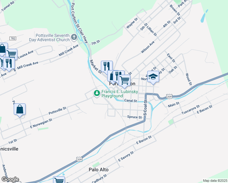 map of restaurants, bars, coffee shops, grocery stores, and more near 253 Pike Street in Port Carbon