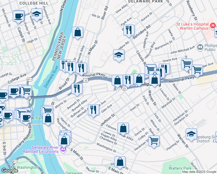 map of restaurants, bars, coffee shops, grocery stores, and more near 294 Morris Street in Phillipsburg
