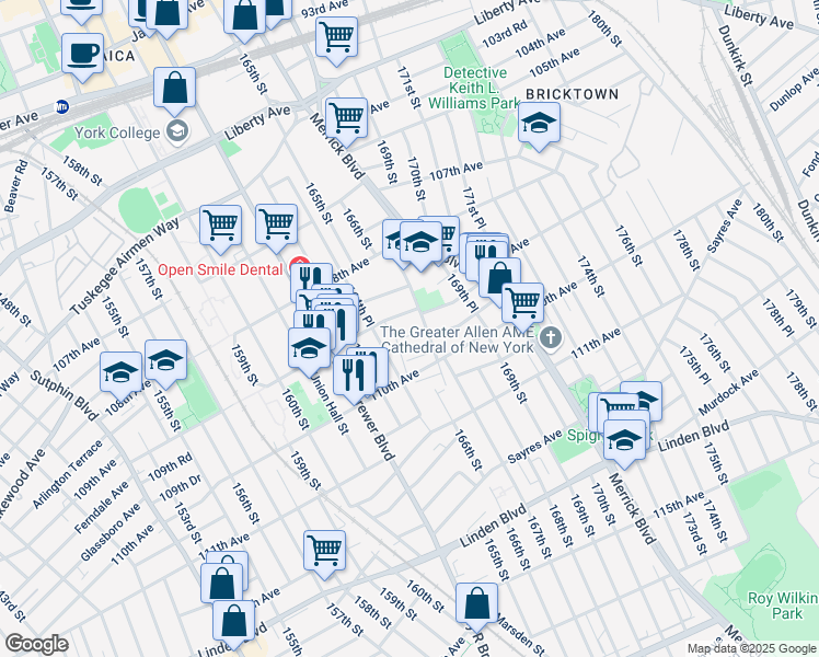 map of restaurants, bars, coffee shops, grocery stores, and more near 164-31 109th Drive in Queens