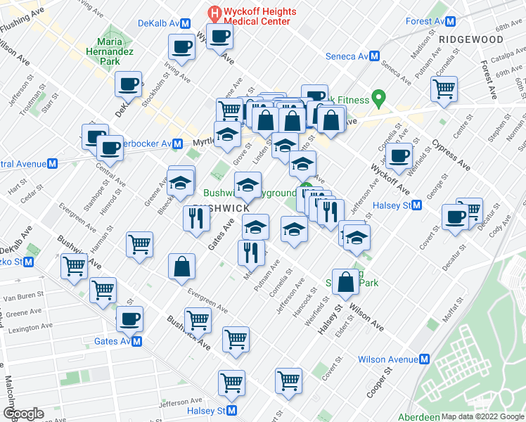 map of restaurants, bars, coffee shops, grocery stores, and more near 246 Woodbine Street in Brooklyn