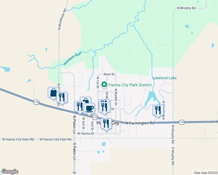 map of restaurants, bars, coffee shops, grocery stores, and more near 509 N Runkle St in Hanna City