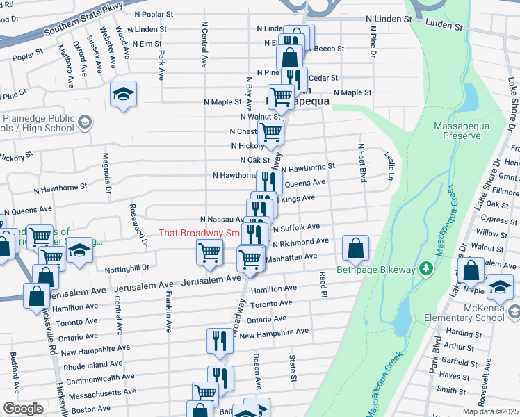 map of restaurants, bars, coffee shops, grocery stores, and more near 836 North Broadway in North Massapequa