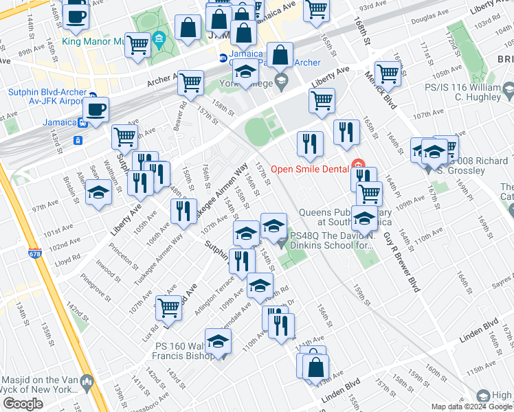 map of restaurants, bars, coffee shops, grocery stores, and more near 155-12 107th Avenue in Queens