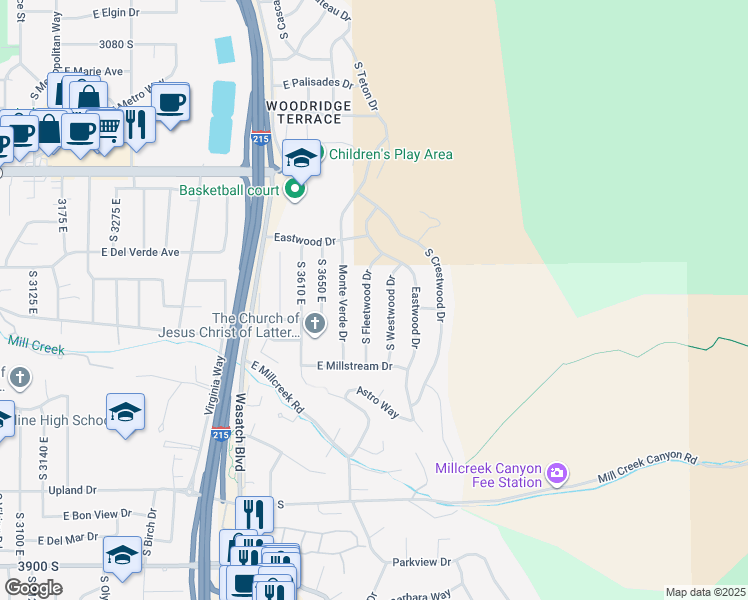 map of restaurants, bars, coffee shops, grocery stores, and more near 3485 South Fleetwood Drive in Salt Lake City