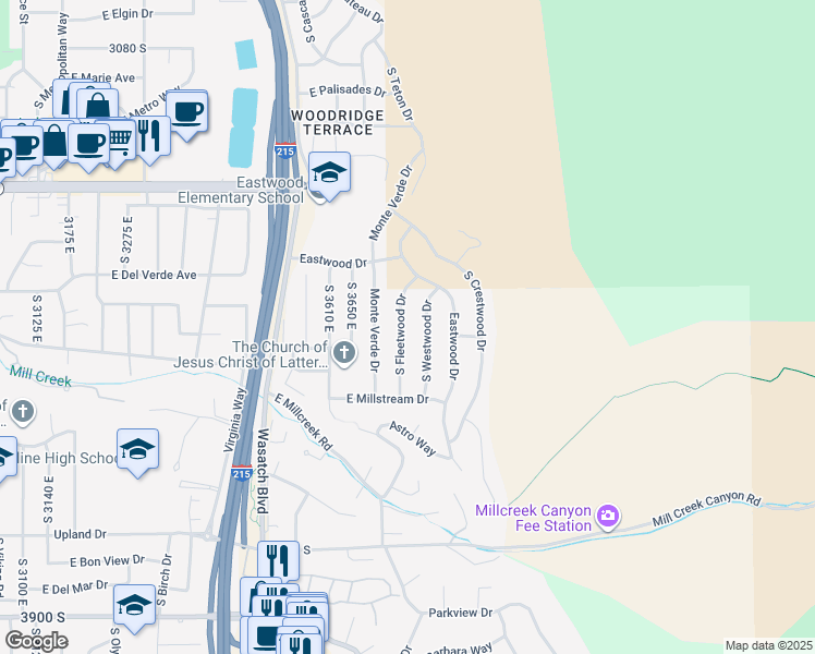 map of restaurants, bars, coffee shops, grocery stores, and more near 3485 South Fleetwood Drive in Salt Lake City