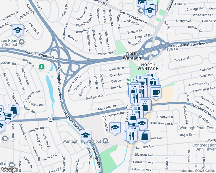 map of restaurants, bars, coffee shops, grocery stores, and more near 54 Dahlia Lane in Wantagh