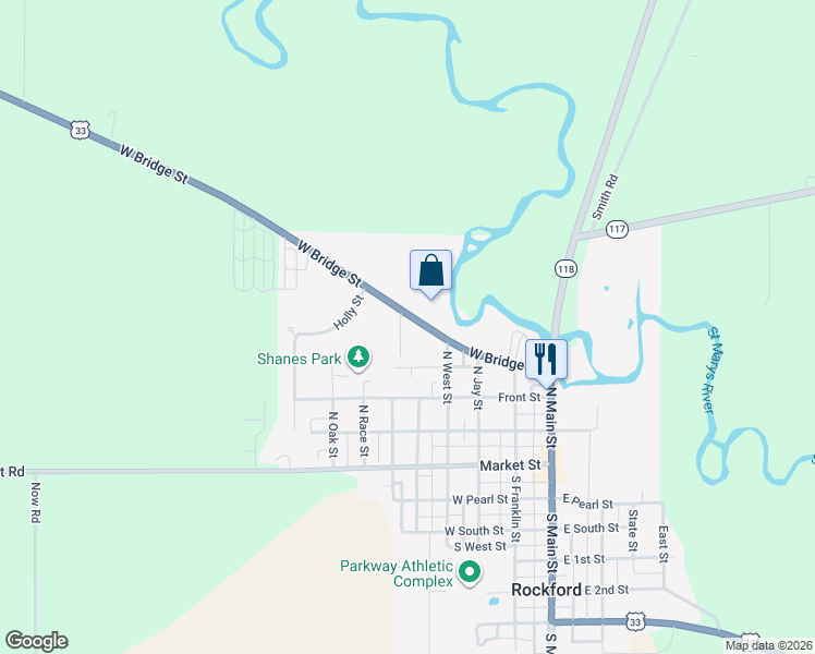 map of restaurants, bars, coffee shops, grocery stores, and more near 425 North Street in Rockford