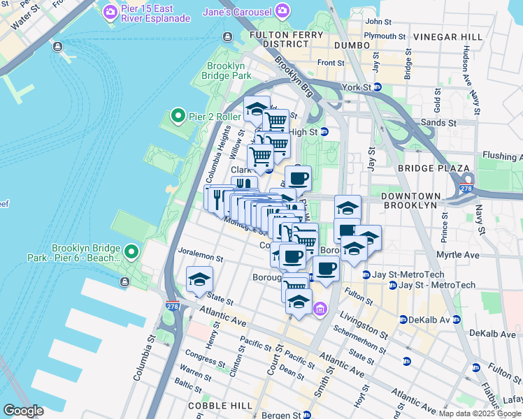 map of restaurants, bars, coffee shops, grocery stores, and more near 161 Henry Street in Brooklyn