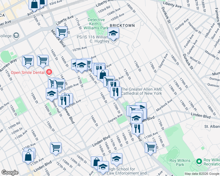 map of restaurants, bars, coffee shops, grocery stores, and more near 166 Merrick Boulevard in Queens