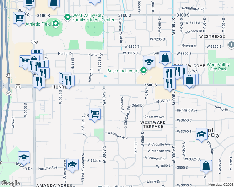 map of restaurants, bars, coffee shops, grocery stores, and more near 3529 South Carnegie Lane in West Valley City