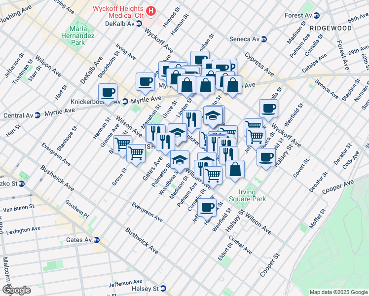 map of restaurants, bars, coffee shops, grocery stores, and more near 254 Palmetto Street in Brooklyn
