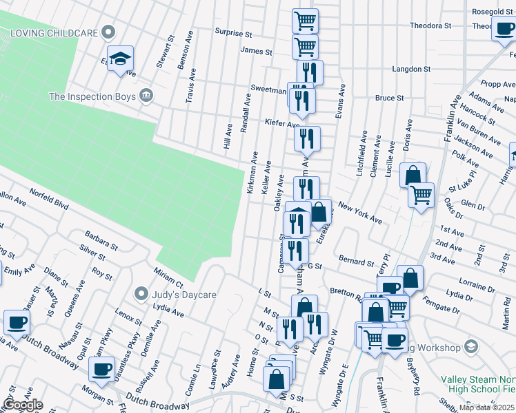 map of restaurants, bars, coffee shops, grocery stores, and more near 481 Keller Avenue in Elmont