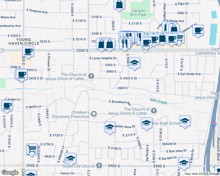 map of restaurants, bars, coffee shops, grocery stores, and more near 5501 South Millcreek Canyon Road in Salt Lake City