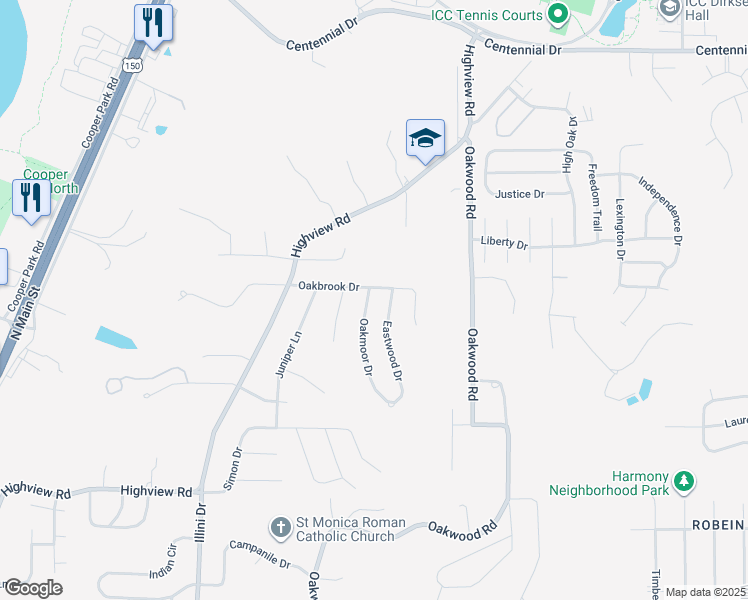 map of restaurants, bars, coffee shops, grocery stores, and more near 103 Oakmoor Drive in East Peoria