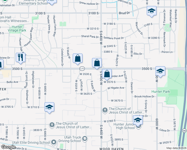 map of restaurants, bars, coffee shops, grocery stores, and more near 3529 South 6470 West in West Valley City