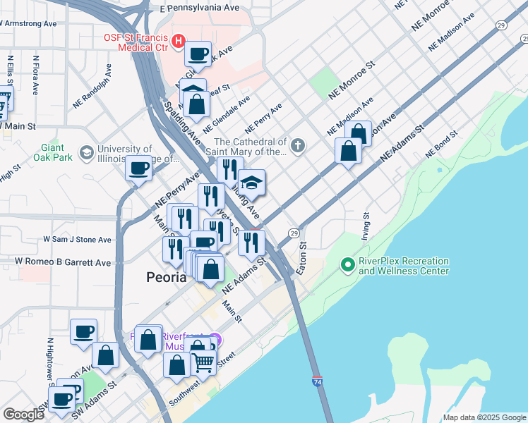 map of restaurants, bars, coffee shops, grocery stores, and more near 403 Northeast Jefferson Street in Peoria