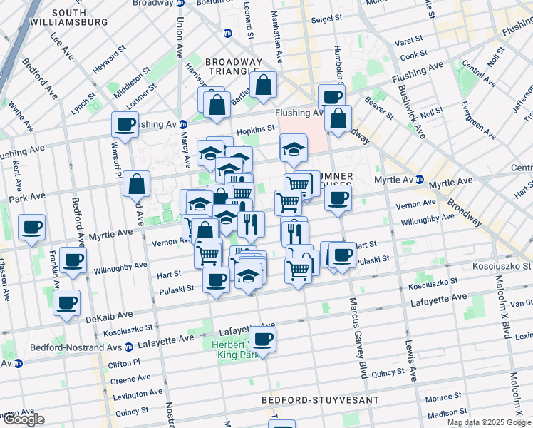 map of restaurants, bars, coffee shops, grocery stores, and more near 160 Vernon Avenue in Brooklyn