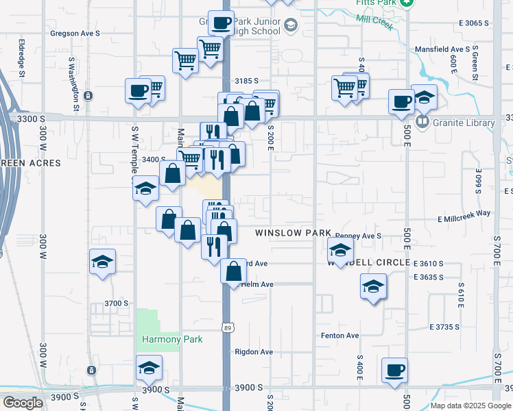 map of restaurants, bars, coffee shops, grocery stores, and more near 153 Winslow Avenue in South Salt Lake