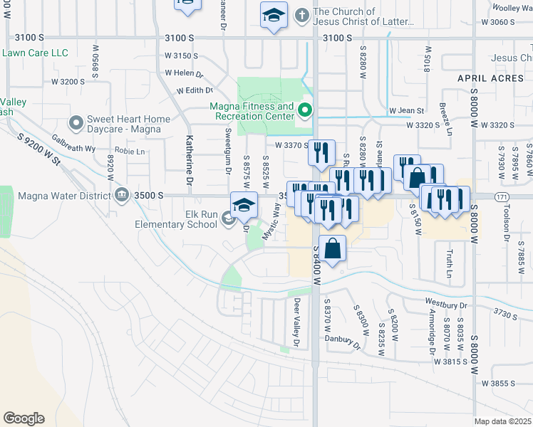 map of restaurants, bars, coffee shops, grocery stores, and more near 3531 South Moon Beam Bay in Magna