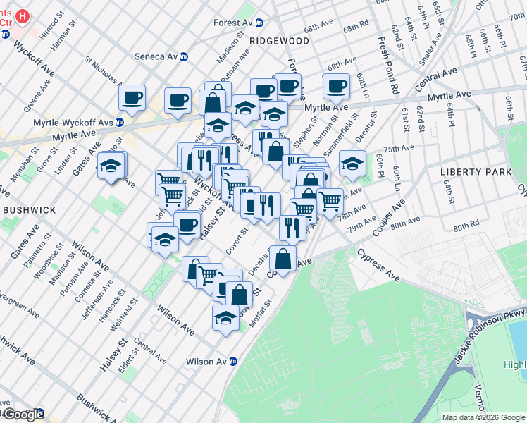 map of restaurants, bars, coffee shops, grocery stores, and more near 10-48 Wyckoff Avenue in Queens