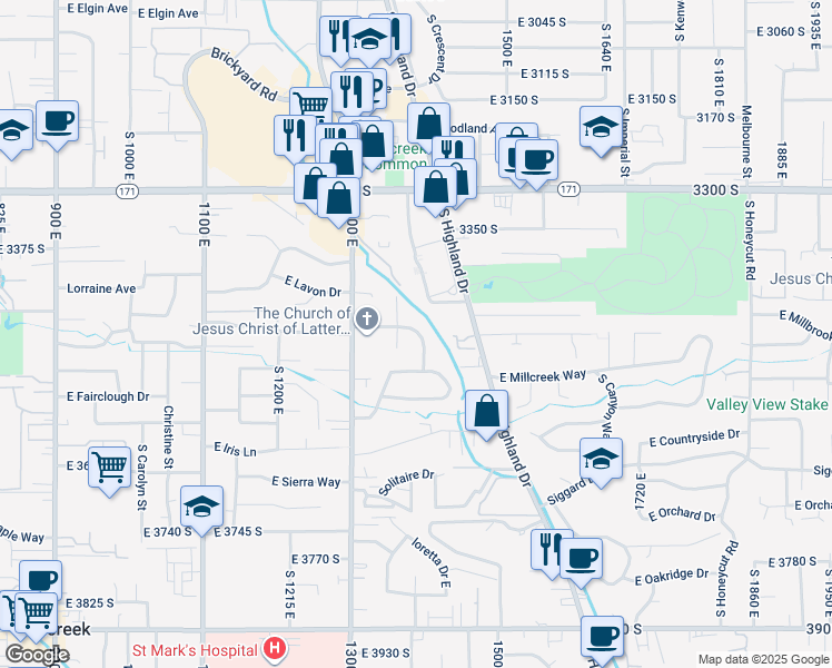 map of restaurants, bars, coffee shops, grocery stores, and more near 1373 East Brookshire Drive in Millcreek