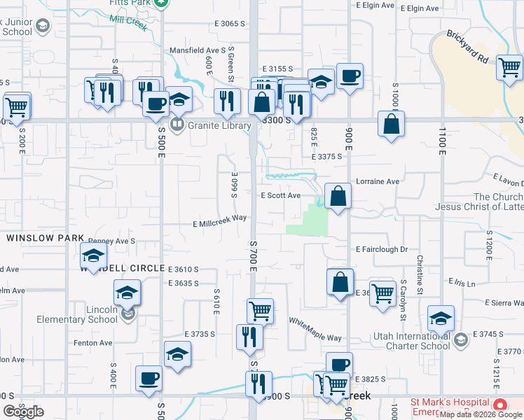 map of restaurants, bars, coffee shops, grocery stores, and more near 696 East Millcreek Way in South Salt Lake