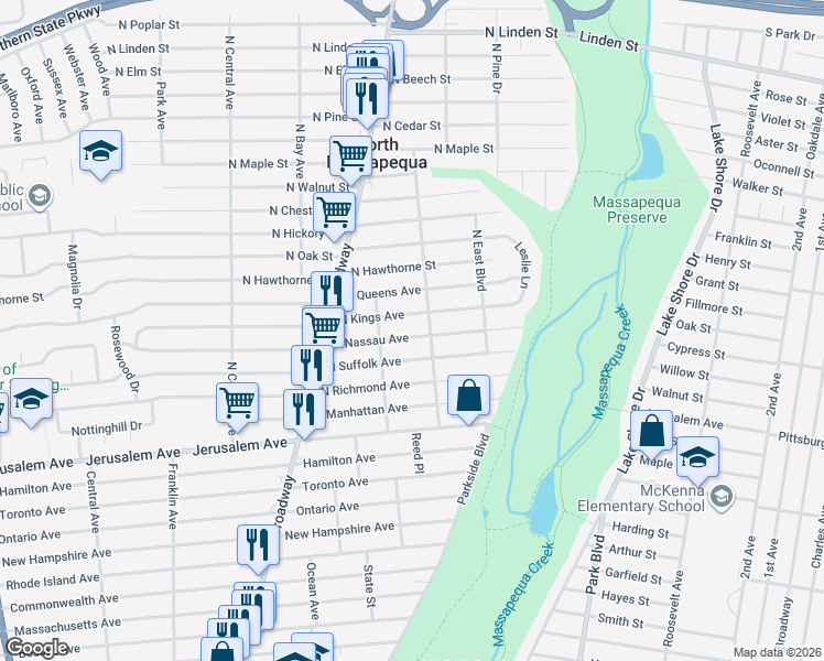 map of restaurants, bars, coffee shops, grocery stores, and more near 165 North Suffolk Avenue in Massapequa