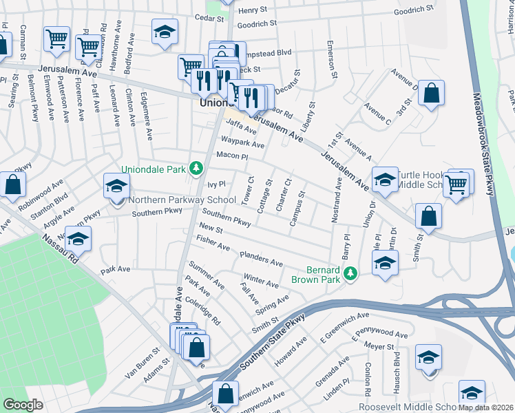 map of restaurants, bars, coffee shops, grocery stores, and more near 743 Southern Parkway in Uniondale
