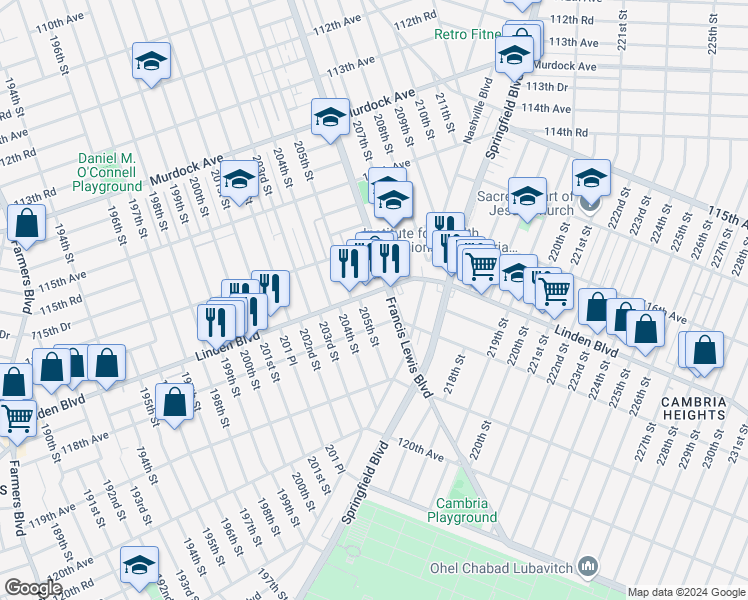 map of restaurants, bars, coffee shops, grocery stores, and more near 117-26 205th Street in Queens