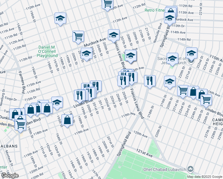 map of restaurants, bars, coffee shops, grocery stores, and more near 117-08 203rd Street in Queens