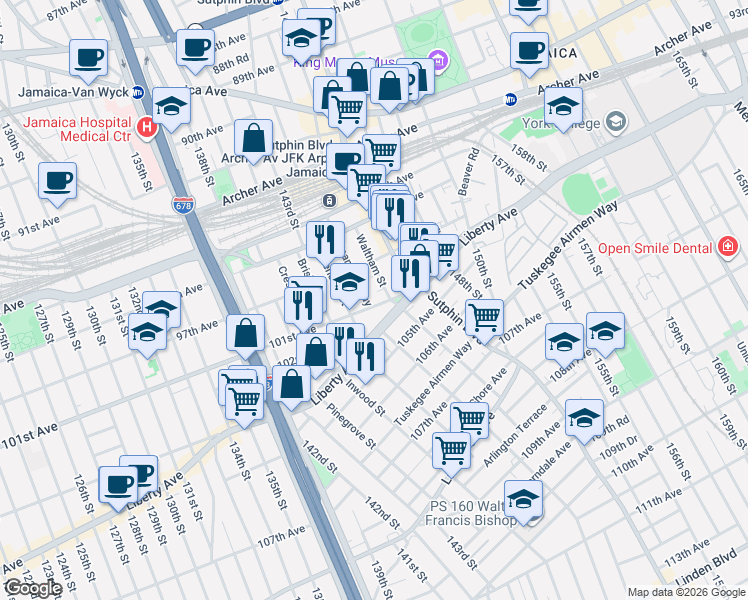 map of restaurants, bars, coffee shops, grocery stores, and more near 14610 Liberty Avenue in Queens