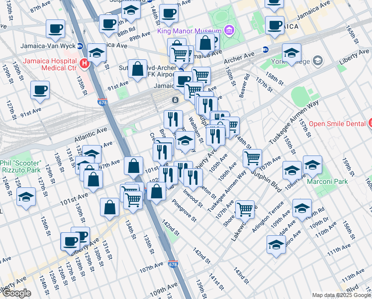 map of restaurants, bars, coffee shops, grocery stores, and more near 143-20 101st Avenue in Queens