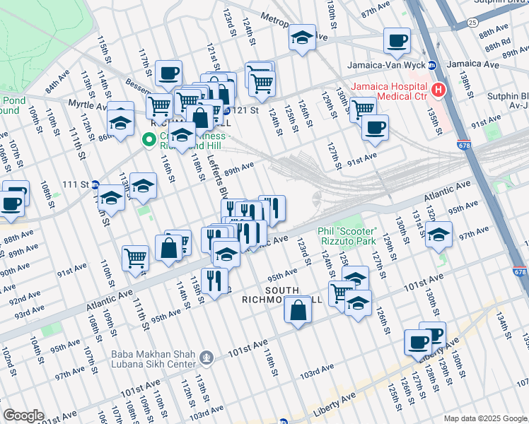 map of restaurants, bars, coffee shops, grocery stores, and more near 91-43 120th Street in Queens