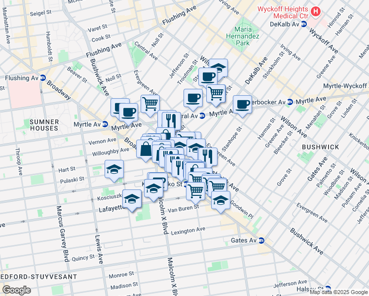 map of restaurants, bars, coffee shops, grocery stores, and more near 1171 DeKalb Avenue in Brooklyn