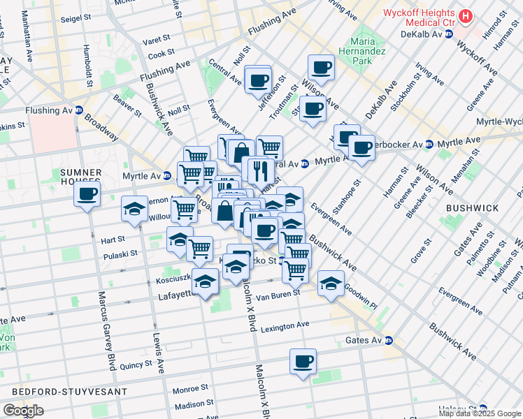 map of restaurants, bars, coffee shops, grocery stores, and more near 16 Lawton Street in Brooklyn